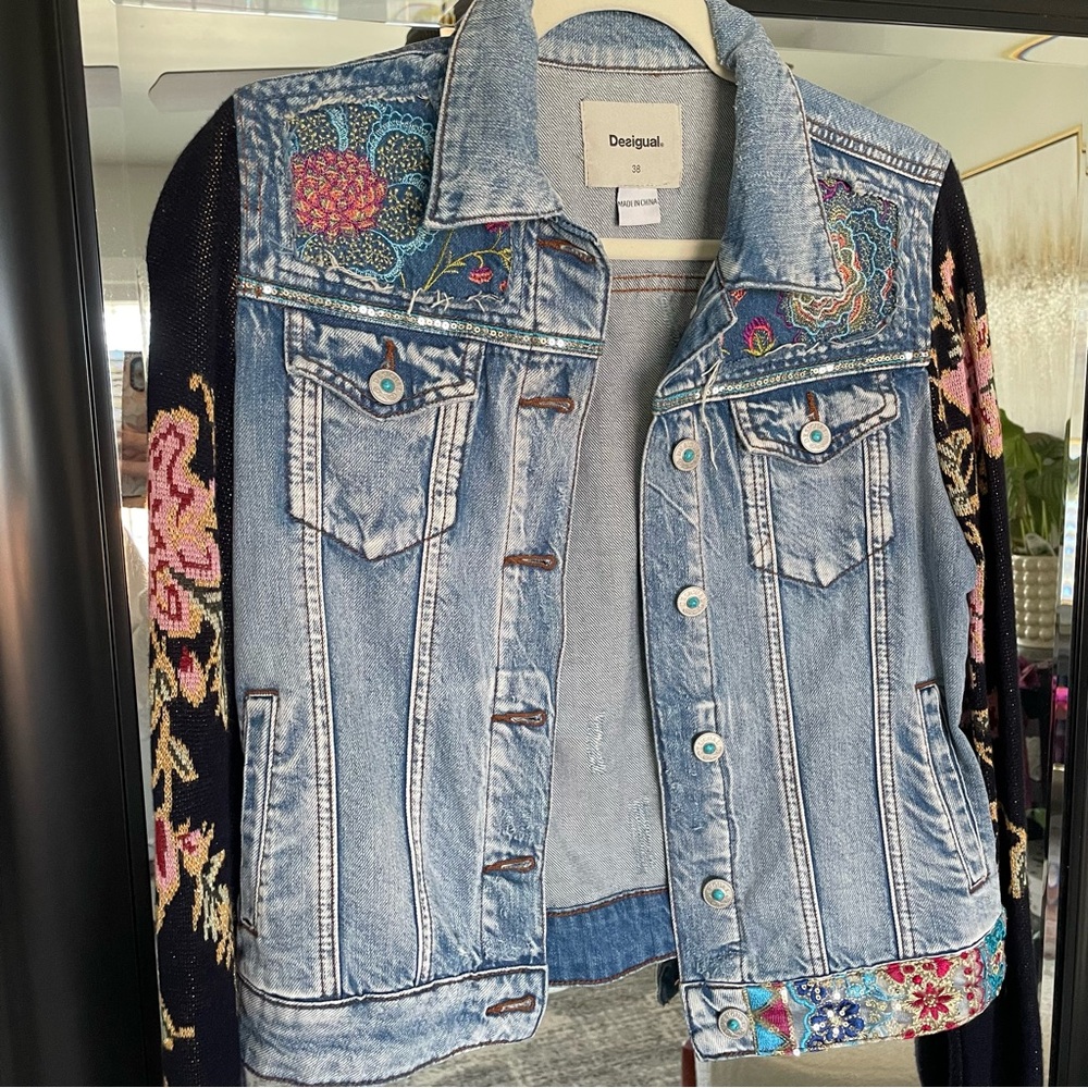 Desigual Blue Denim Jacket with Floral Embroidery